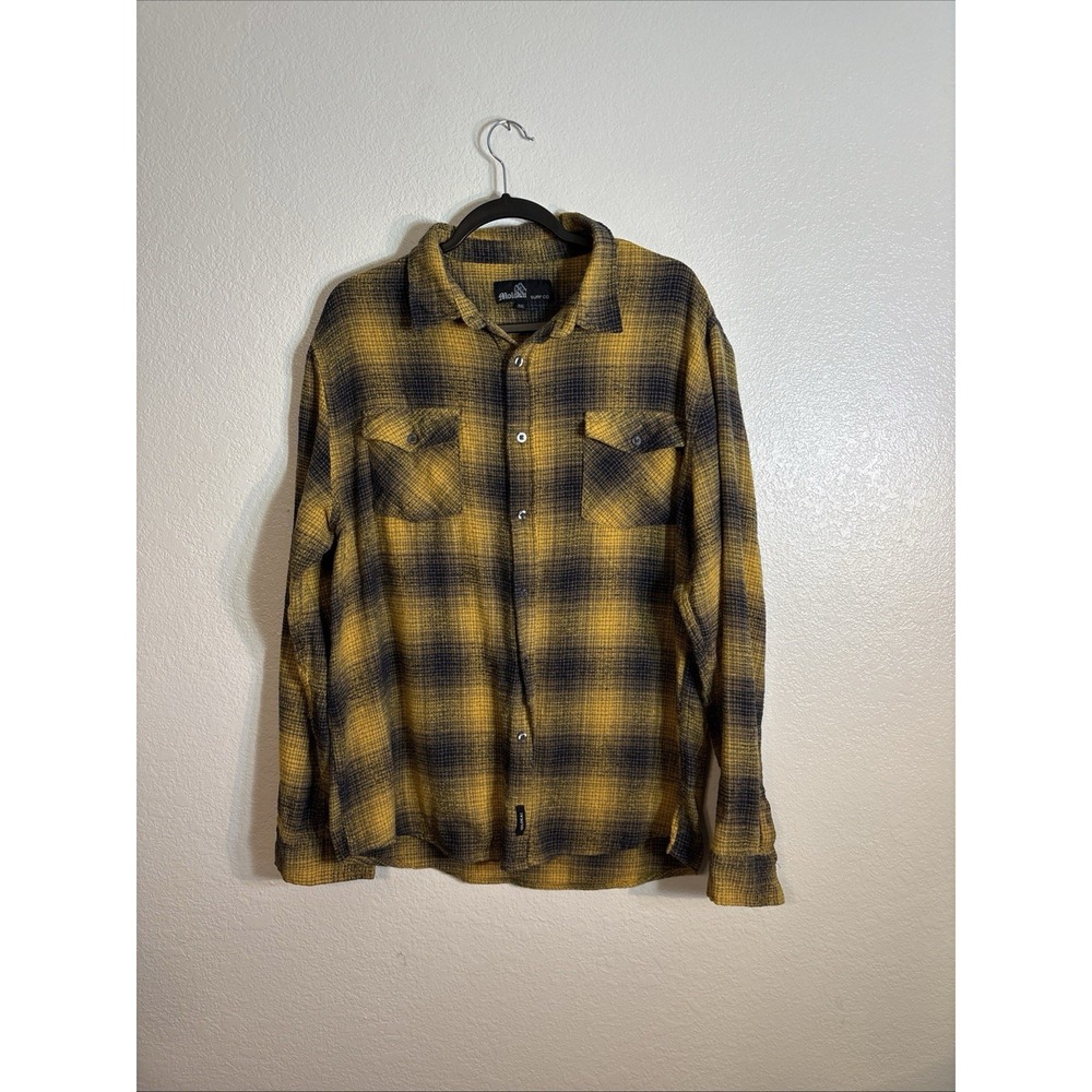 Mens Molokai Surf Co Button Up Flannel Shirt Size 2XL Mustard Yellow Navy Plaid